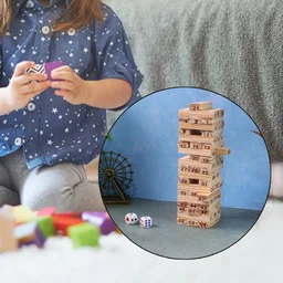 Wooden Tumbling Tower Game – 54 Numbered Blocks & Dice Set
