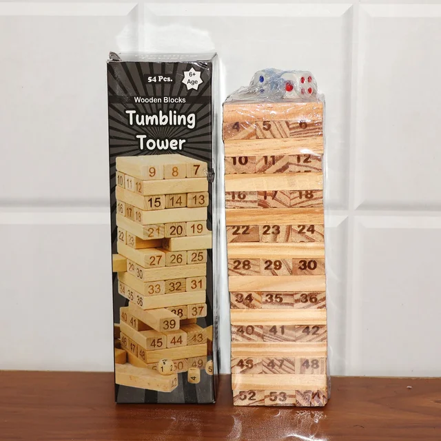Wooden Tumbling Tower Game – 54 Numbered Blocks & Dice Set