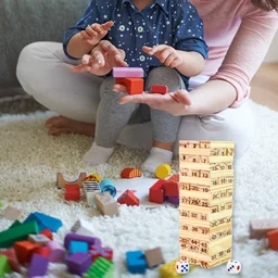 Wooden Tumbling Tower Game – 54 Numbered Blocks & Dice Set
