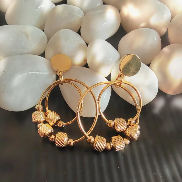Gold Double Circle In Circle Dangler Earrings