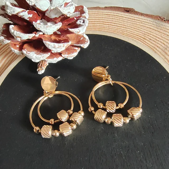 Gold Double Circle In Circle Dangler Earrings