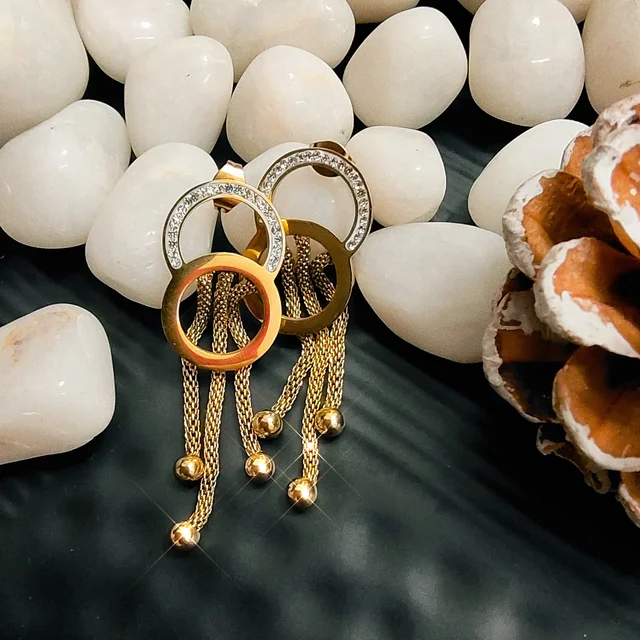 Double Circle Gold Plated Tassel Drop Earrings