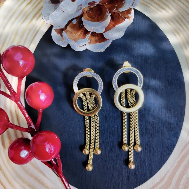 Double Circle Gold Plated Tassel Drop Earrings