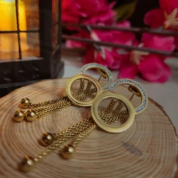 Double Circle Gold Plated Tassel Drop Earrings