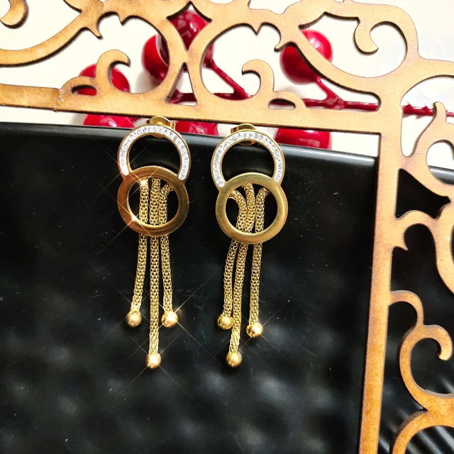 Double Circle Gold Plated Tassel Drop Earrings
