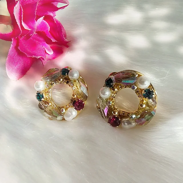 Elegant Pearl Diamond Stone Multicolour Circle Earrings