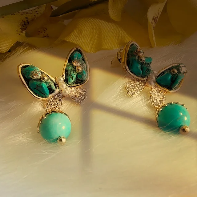 Turquoise Stone Butterfly With Ball Drop Earrings