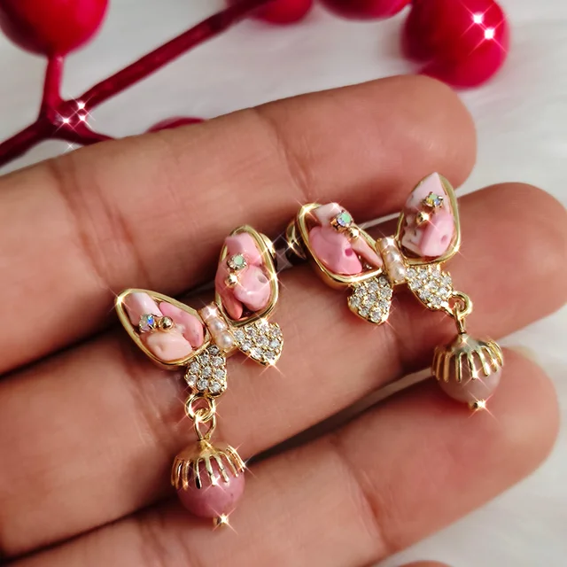 Pink Stone Butterfly With Ball Drop Earrings