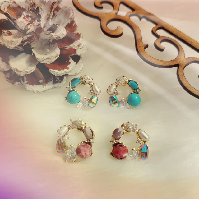 Elegant And Luxurious Diamond Pearl Inlaid Earring - Blue - pink