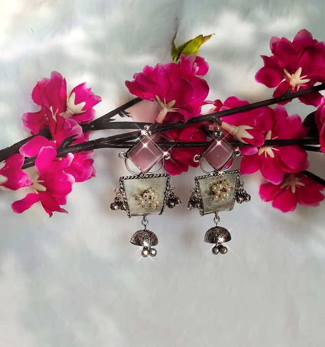 Pink Stone German Silver Replica Oxidised Dangler Earrings - Pink Lace