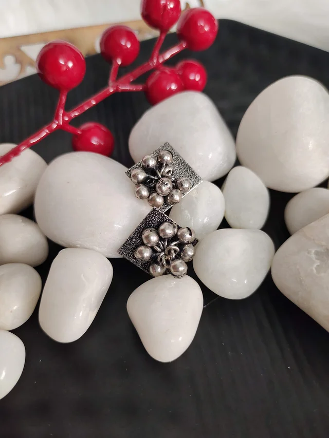 Ghungroo Filled German Silver Oxidised Replica Studs - Gray