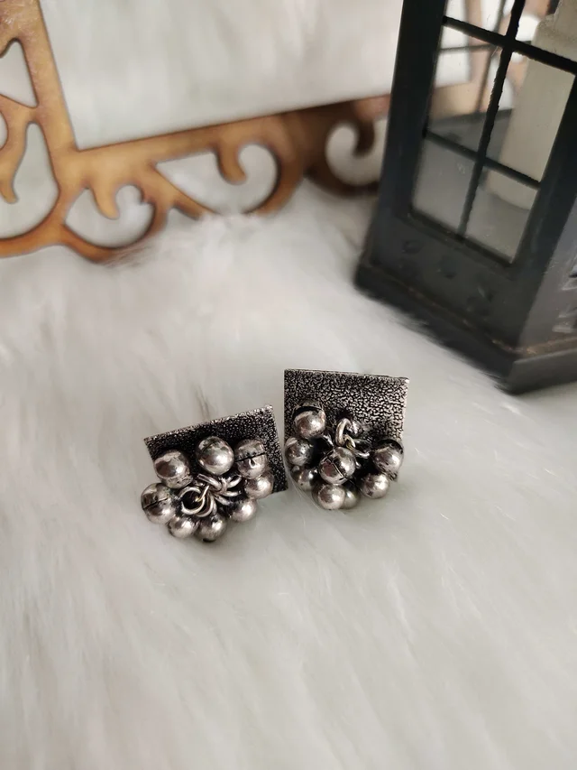 Ghungroo Filled German Silver Oxidised Replica Studs - Gray