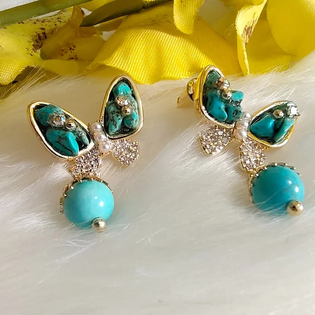 Turquoise Stone Butterfly With Ball Drop Earrings