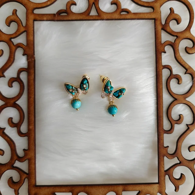 Turquoise Stone Butterfly With Ball Drop Earrings