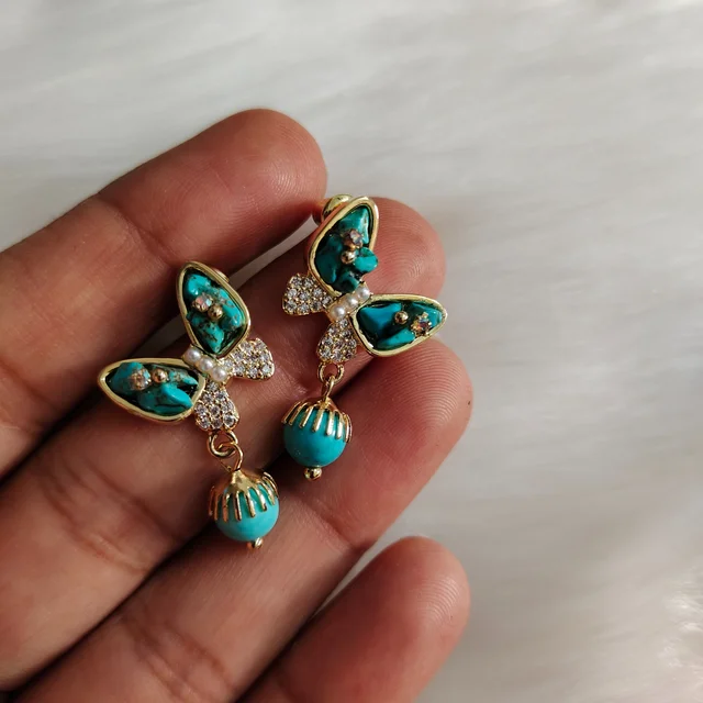 Turquoise Stone Butterfly With Ball Drop Earrings