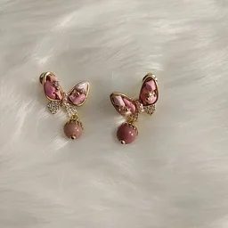 Pink Stone Butterfly With Ball Drop Earrings