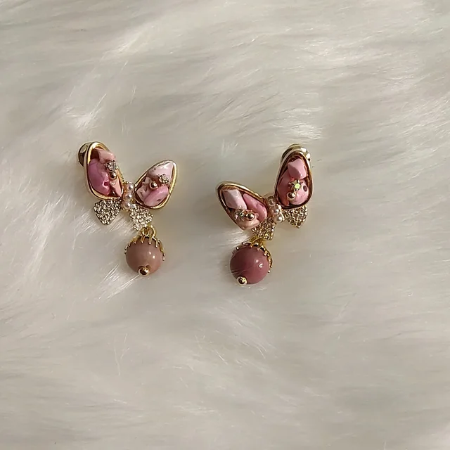 Pink Stone Butterfly With Ball Drop Earrings