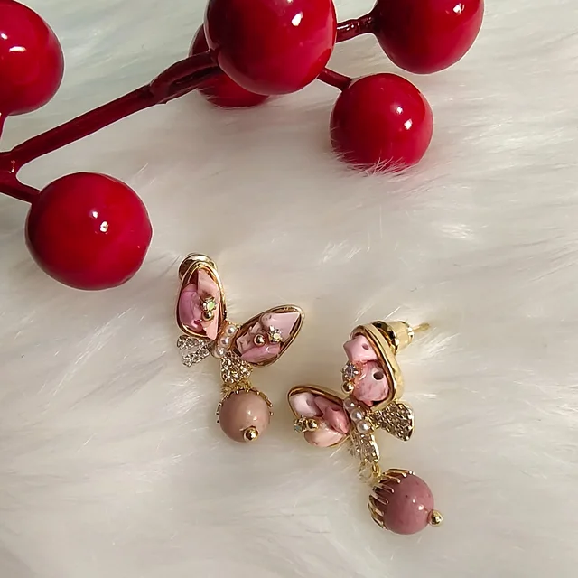 Pink Stone Butterfly With Ball Drop Earrings