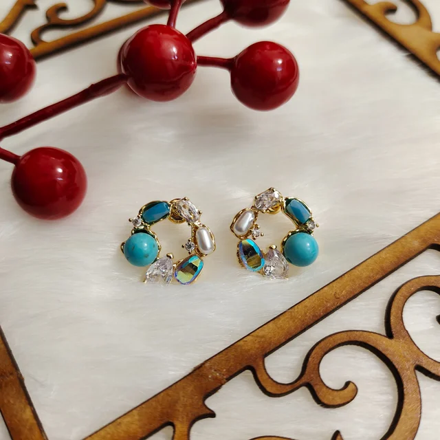 Elegant And Luxurious Diamond Pearl Inlaid Earring - Blue - turquoise