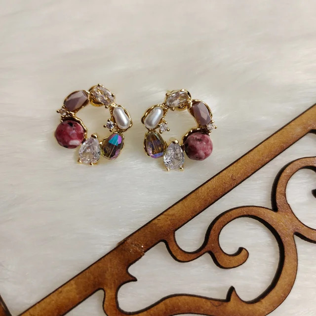 Elegant And Luxurious Diamond Pearl Inlaid Earring - Blue - pink