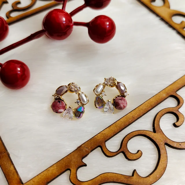 Elegant And Luxurious Diamond Pearl Inlaid Earring - Blue - pink