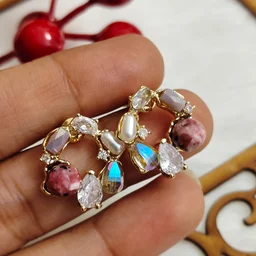 Elegant And Luxurious Diamond Pearl Inlaid Earring - Blue - pink