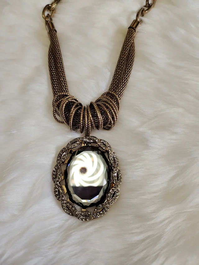 Oval Black Stone Pendant With Rings Necklace - Black