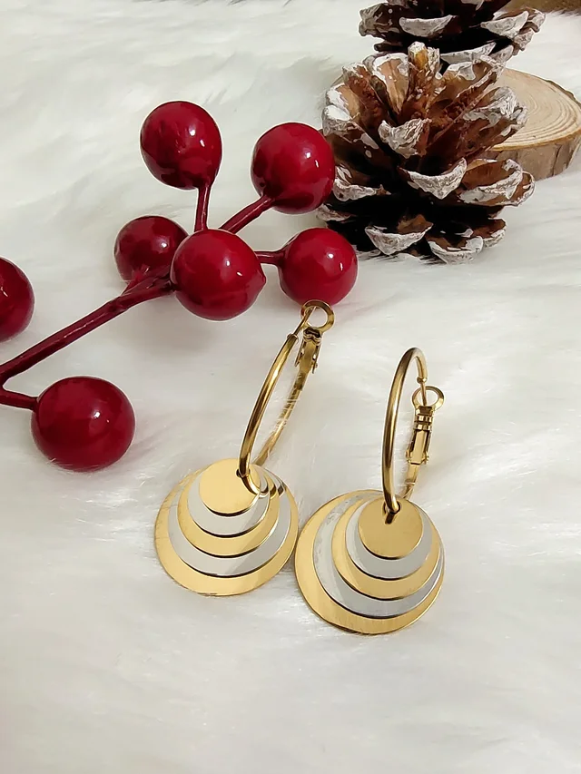 Silver Golden Circle In Circle Drop Earrings