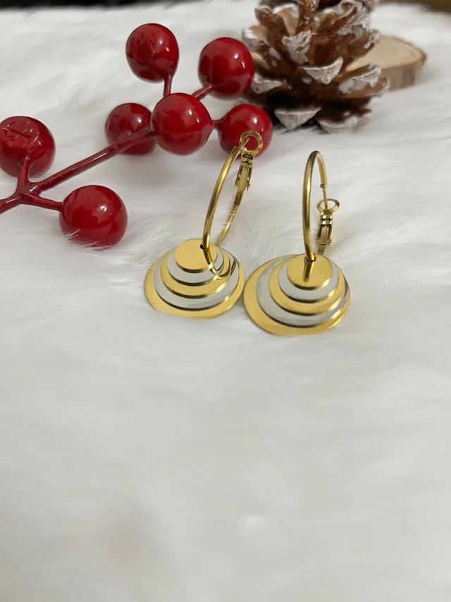 Silver Golden Circle In Circle Drop Earrings