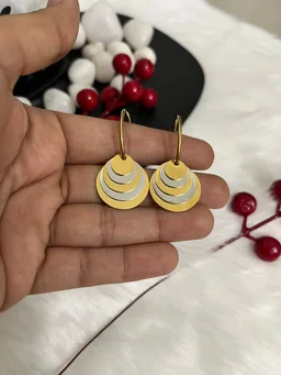 Silver Golden Circle In Circle Drop Earrings