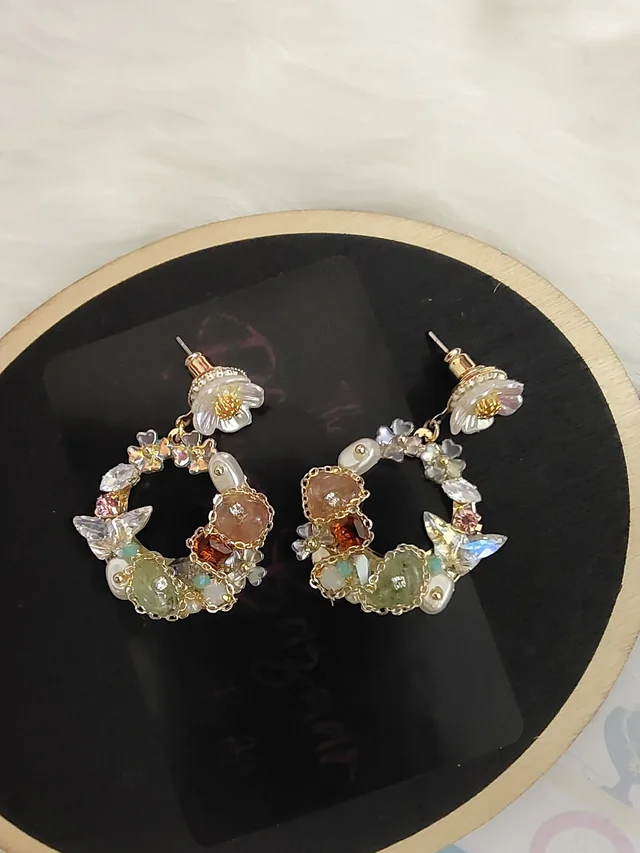 Crystals Flower Wreath Design Drop Earrings