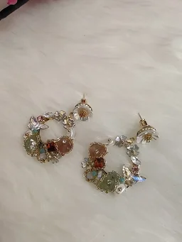 Crystals Flower Wreath Design Drop Earrings
