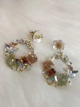 Crystals Flower Wreath Design Drop Earrings