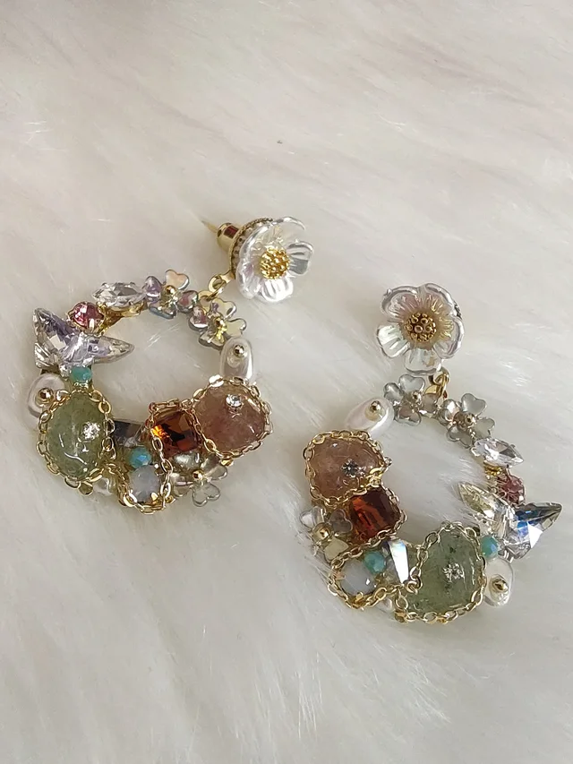 Crystals Flower Wreath Design Drop Earrings