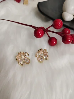 Flower Shape Pearls Stones Stud Earrings- Pink
