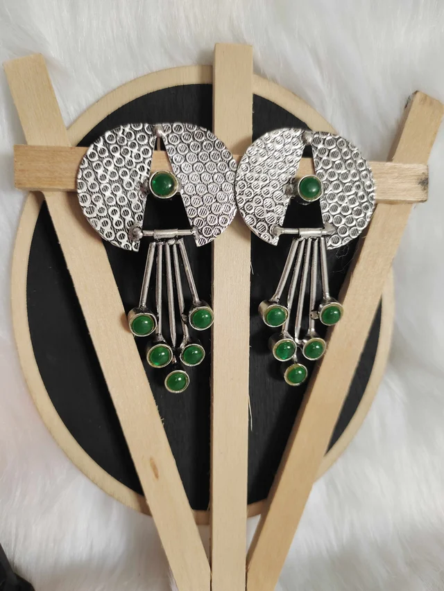 Contemporary German Silver Replica Oxidised Dangle Earrings Green - green