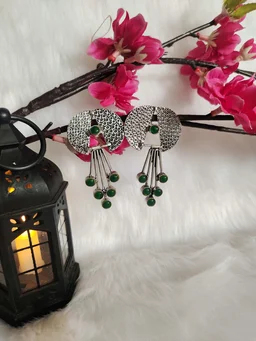 Contemporary German Silver Replica Oxidised Dangle Earrings Green - green