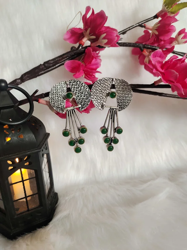 Contemporary German Silver Replica Oxidised Dangle Earrings Green - green