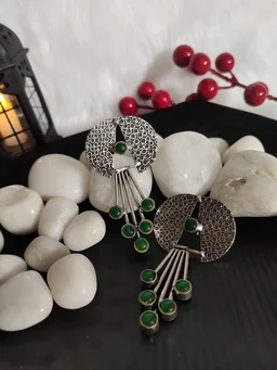 Contemporary German Silver Replica Oxidised Dangle Earrings Green - green