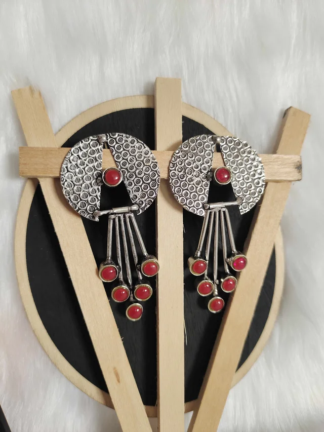 Contemporary German Silver Replica Oxidised Dangle Earrings Red