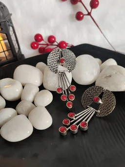 Contemporary German Silver Replica Oxidised Dangle Earrings Red