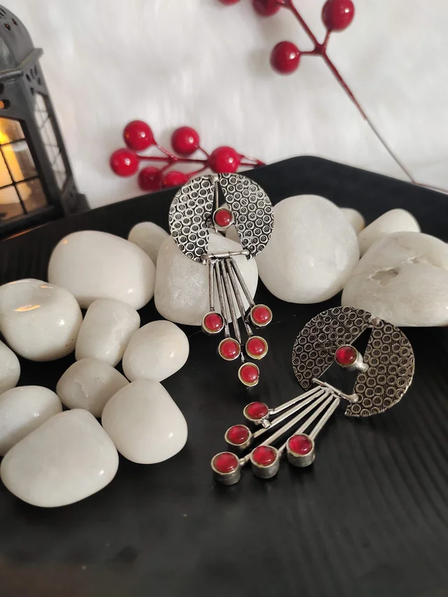 Contemporary German Silver Replica Oxidised Dangle Earrings Red