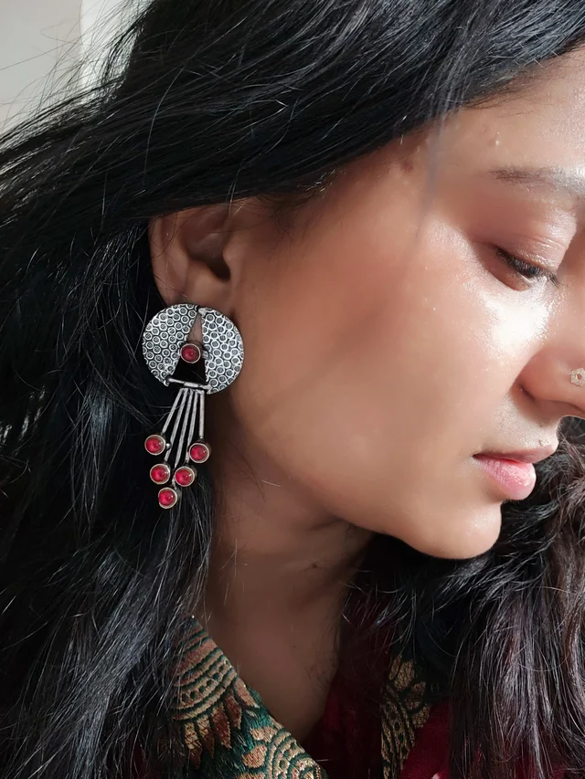 Contemporary German Silver Replica Oxidised Dangle Earrings Red