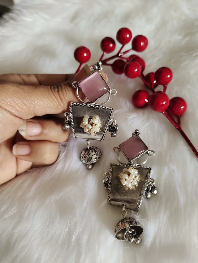 Pink Stone German Silver Replica Oxidised Dangler Earrings - Pink Lace