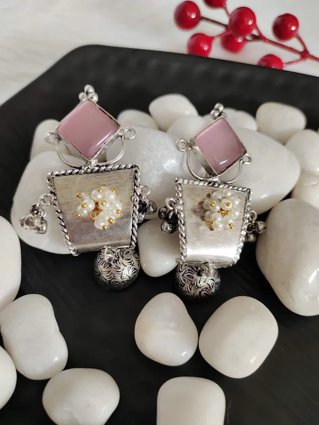 Pink Stone German Silver Replica Oxidised Dangler Earrings - Pink Lace