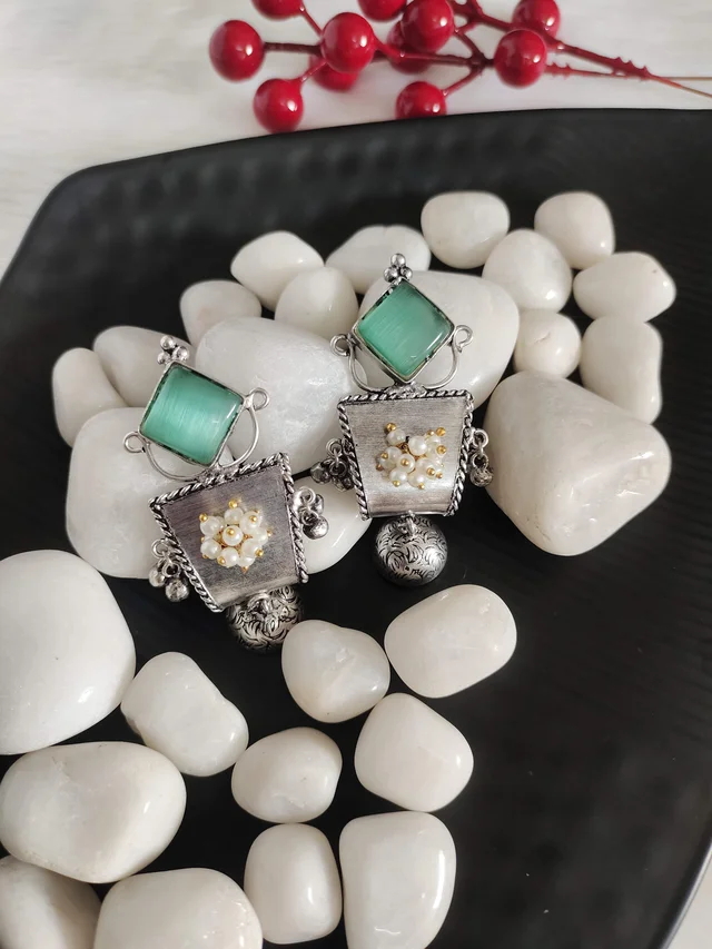 Green Stone German Silver Replica Oxidised Dangler Earrings