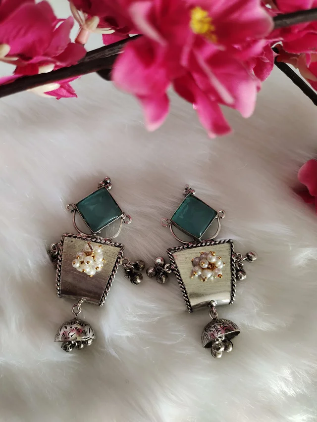Green Stone German Silver Replica Oxidised Dangler Earrings