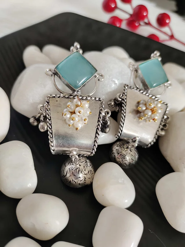 Blue Stone German Silver Replica Oxidised Dangler Earrings