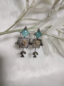 Blue Stone German Silver Replica Oxidised Dangler Earrings
