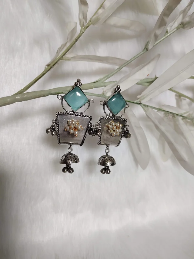 Blue Stone German Silver Replica Oxidised Dangler Earrings
